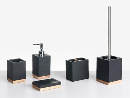 Badaccessoires Set 5-teilig Kunstharz schwarz mit Holzdetails Bad-Zubehör Tapiche