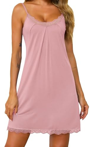 Lovasy Nuisette Sexy Femme Court Chemise de Nuit Cotton en Dentelle Légère Babydoll Grande Taille Bretelles Spaghetti Reglables Fond de Robe Col en V sans Manches,A-Rose,M