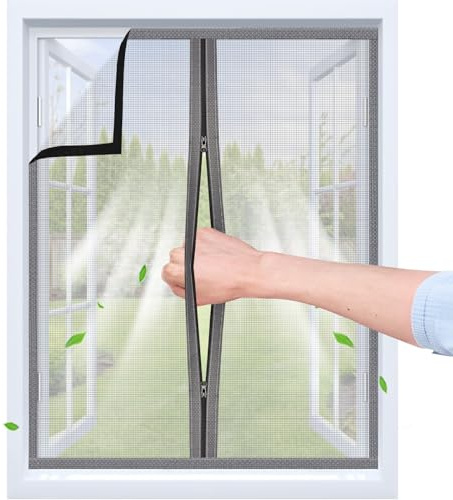 Moustiquaire Fenetre Adhésive avec Fermeture Éclair | Dimensions sur Mesure | Bande auto-agrippante Transparent et Maille PP Respirante | Réutilisable & Lavable | plusieurs tailles universelles | Gris