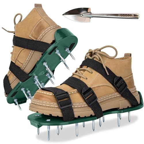 Aishkimo Lawn Aerator Shoes with Adjustable Strap and Heavy Duty Spikes for Grass Aerating Patio Garden One-Size-Fits-All Use for Yard Patio Lawn Garden (Green)