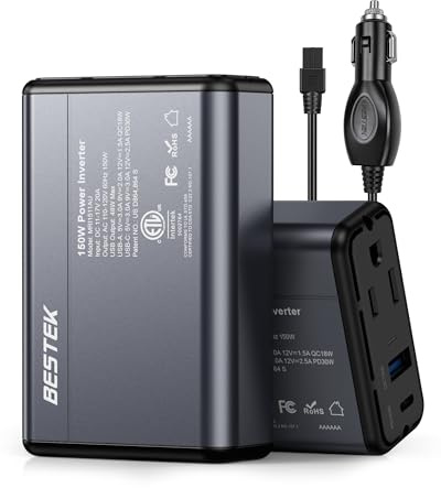 BESTEK 150W Power Inverter DC 12V to 110V AC Converter 4.2A Dual USB Car Adapter, Thinner Design with ETL Listed, Grey/Black