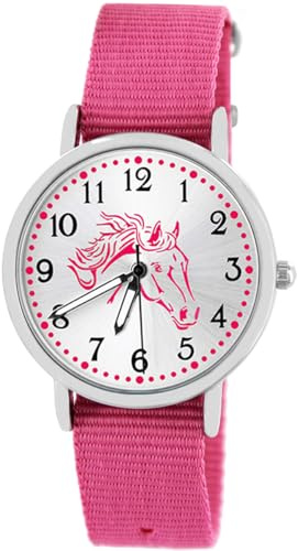 Pacific Time Kinderuhr Mädchen Pferdeuhr rosa Pferdekopf | Geschenk für Mädchen: rosa Pferdekopf, Sunray-Zifferblatt, fluoreszierende Zeiger, 5 ATM wasserdicht, 16-mm-Armband