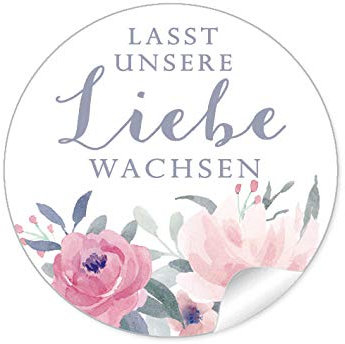 72 STICKER Hochzeit LASST UNSERE LIEBE WACHSEN • BLÜTEN ROSEN BLAU ROT GRAU • Für kleine Samentüten blumige Blumentöpfe Reagenzgläser Gastgeschenke Tischdeko Selbstgemachtes u.v.m. • 4cm rund matt