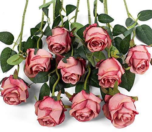 Flojery 10pcs Artificial Rose Flowers Long Stem Fake Silk Roses for DIY Wedding Bouquet Table Centerpiece Home Decor (Rose Red)