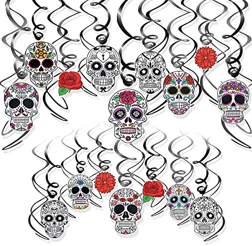 HOWAF 30 Pezzi Giorno dei Morti Decorazioni da Appendere a Spirale di Cranio per Cinco De Mayo, Dia De Los Muertos, Halloween Decorazioni per Feste a Tema Messicane