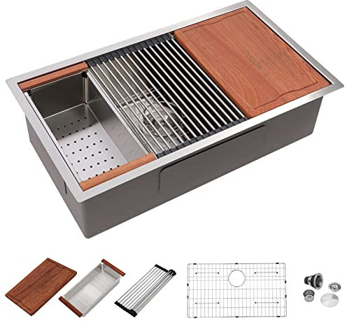 Dcolora 33 in. Undermount Single Bowl Workstation Stainless Steel Kitchen Sink 16 Gauge 304 Handmade Welding with Accessories, Round Corner 33x19x10 #DC-U7701