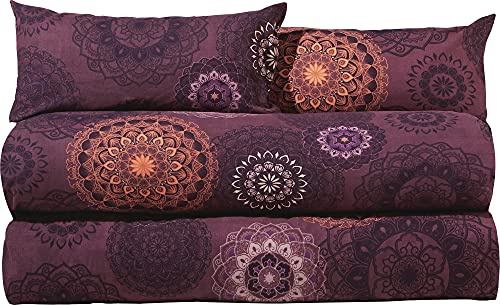 Erwin Müller Bettwäsche, Bettgarnitur Sparpaket 4-TLG. Flanell - Mandala - mollig warm, temperaturregulierend, mit praktischem Reißverschluss - aubergine Größe 40x80 cm / 135x220 cm