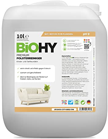 BiOHY Nettoyant premium pour tissus d'ameublement (Bidon de 10l) | Bio concentré pour meubles rembourrés, canapés, tapis & textiles | détachant désodorisant (Premium Polster)