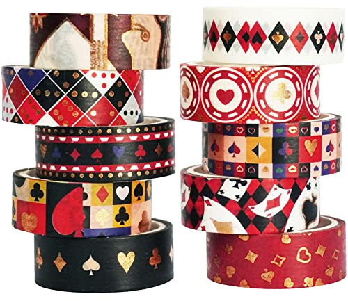 MAGLITT Schürhaken Washi Tape Set 10 Rollen Schottenstoff Dekoratives Klebeband Bunt für Scrapbooking, Bullet Tagebuch, Planer, Geschenkverpackung (Poker)