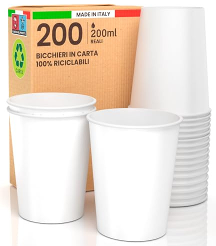 Baciato Caffè 200 Bicchieri in Carta Bianchi 200ml Ecologici Biodegradabili Monouso Made in Italy Asporto Bevande Calde Acqua - Prodotto e confezionato in Italia