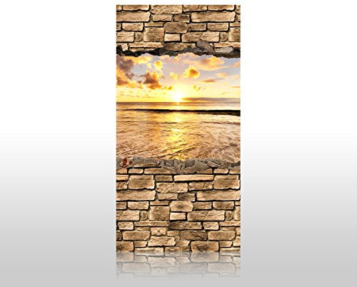 wandmotiv24 Duschrückwand 3D Sonnenuntergang am Meer - Steinmauer 100 x 200cm (B x H) - Aluminium 3mm M0662