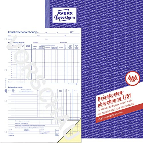 AVERY Zweckform 1751 Reisekostenabrechnung (A4, 2x40 Blatt, selbstdurchschreibend, von Rechtsexperten geprüft für Deutschland/Österreich zur wöch. Abrechnung inkl Kfz-Kostenaufstellung) weiß/gelb