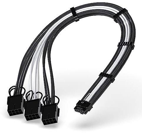 GPU Power Sleeved Cable Verlängerung,16pin(12+4) 12VHPWR PCIe 5.0 Stecker auf 3X PCIE 8 PIN für RTX 4070Ti/4080/3090Ti,mit Vorinstallierten Kabelkämmen-16AWG/Schwarz Weiß