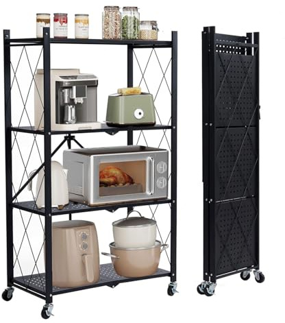devesanter 4 Etagen Klappregal mit Rollen,Küchenregal Schwarz | Tragbares Regal mit großer Kapazität und faltbarem Design.Keine Montage nötig,ideal für Küche und vielseitige Aufbewahrung