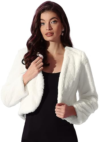 Allegra K Cropped Jacket for Women's Faux Fur with Pockets Long Sleeve Open Front Wedding Bolero Gowns Coat Medium White