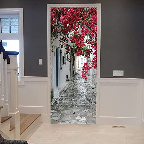 Tür Tapeten 3D Selbstklebend - Rote Blumenstraßenlandschaft 90 X 210 Cm - 3D Türaufkleber Wandbilder Türposter Fototapete Pvc Diy Türbild Vinyl Wasserdichte Entfernbar Mauer Aufkleber Zuhause Dekor