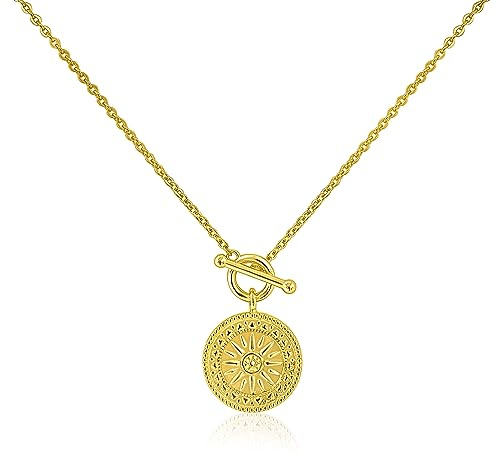 Mary & Jules Kette Sonne Gold 925 Sterling Silber, vergoldet mit Sonnen Anhänger, Sonnenkette aus recyceltem Silber, Münz Halskette, Coin Kette Gold für Frauen Mädchen, Goldkette Damen