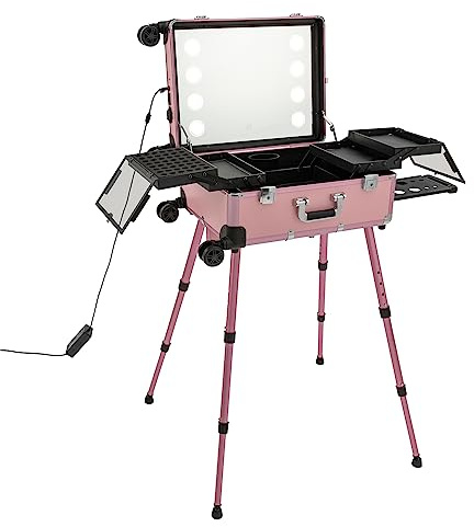 Rullande frisörset frisörvagn make-up tåg resväska med upplyst spegel, stor kosmetikaarrangör, vagn i aluminiumlegering, justerbart stativ, metall