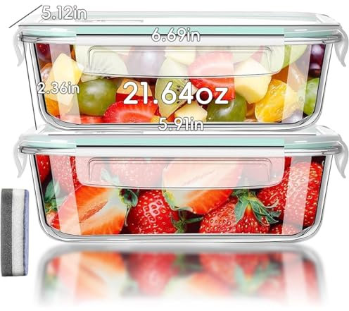 IUGHN 640ml Glass Food Containers With Lids, Set 2 Glass Containers with Lids, Leakproof Seal Food Storage Container, BPA Free, Meal Prep Container for Microwave, Oven, Freezer and Dishwasher