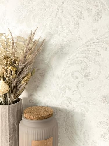Newroom Vliestapete Mustertapete Creme Ornamente Barock Damast | florale Ranken Ton-in-Ton, matte Grundfläche mit Schimmer, feine Putzstruktur, Vintagetapete Wandtapete, Schlafzimmer Flur