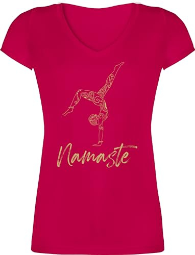 T-Shirt Damen V Ausschnitt - Namaste Yoga Handstand Mandala Meditation - L - Fuchsia - Yoga-Shirt Joga Shirt Shirts v-Ausschnitt Geschenke Tshirt t-Shirts Fans Kurzarm für t Alles Motiven mit Motiv