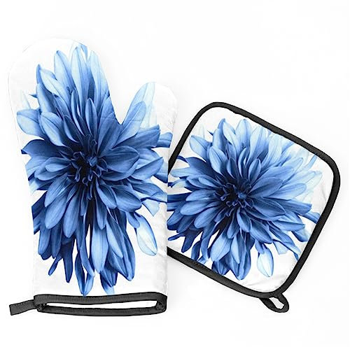 Ofenhandschuhe Topflappen Set Blaue Blumen Dahlien Grillhandschuhe Druck Topfhandschuhe Weiches Topflappen Pad, Für BBQ, Backen