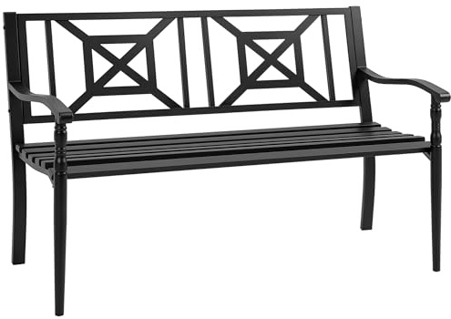 Outsunny Panchina da Esterno in Acciaio, Panchina da Giardino 2 Posti con Schienale Alto e Braccioli, Resistente alla Ruggine, 128x62.5x81.5 cm, Nero