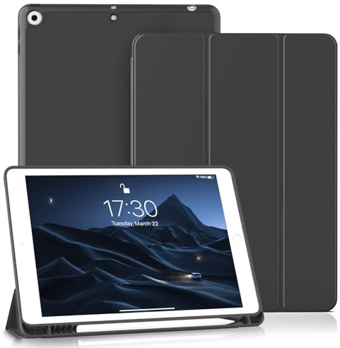BQDIYOO Hülle für iPad 9. / 8. / 7. Generation mit Stifthalter 10.2 Zoll für iPad 9/8/7 (2021/2020/2019), Weiche Silikon Schutzhülle, Auto Schlafen/Wache, Schwarz