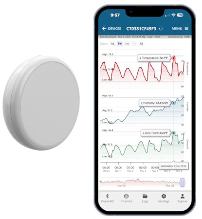 Blue Maestro Disc Maxi 3-in-1 Temperature Humidity Dew Point Sensor Logger | Calculates dew point; ±0.1°C accuracy; Bluetooth-enabled 5.3, 100m range; app alerts & data export; UK designed; 5-yr battery