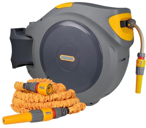 HOZELOCK - Exclusive to Amazon: 40m Auto Reel with Free 7.5m Superhoze: Easy to Install, Child-Lock, Auto-Rewind, Ready-to-Use, Expanding Hose Included While Stocks Last, Grey