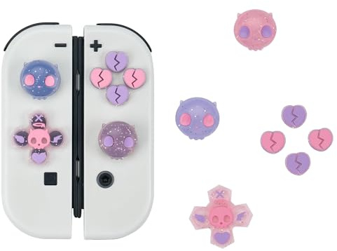 GeekShare Coque en Silicone pour Boutons de Joystick – Autocollant ABXY pour Boutons de clé Compatible avec Switch/OLED Joy Con – Crâne en cœur (Rose et Violet)