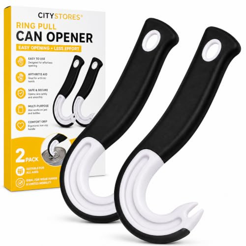 Citystores® 2 Pack Ring Pull Can Opener Arthritis Aids Easy Can Opener for Arthritis Hands, Jar Opener for Weak Hands, Disability Aids for Elderly, Mobility Aid, Easy Open Tin Opener, Black & White