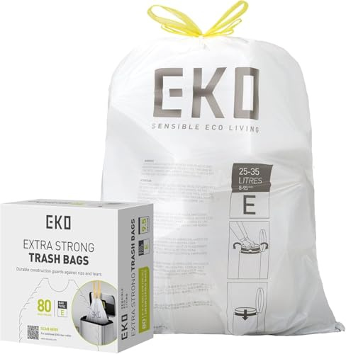 EKO Easy-Dispense - Sacchetti per la spazzatura da cucina, 80 pezzi, extra resistenti, con coulisse, 25-35 L, confezione da 80 pezzi, colore bianco, codice E