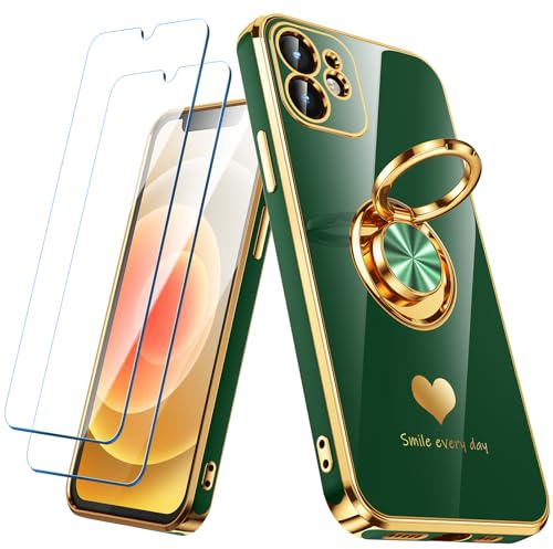 Nonional Compatible for iPhone 11 Case with 2 Pack Screen Protector, 360° Rotatable Ring Holder [Luxury Hearts Pattern] Plating Gold Edge Slim Soft Phone Cover Case for iPhone 11 - Green