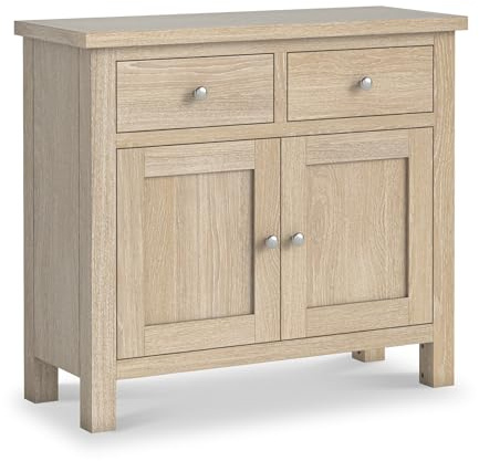 RoselandFurniture Farro Washed Oak Small Sideboard for Living Room | Fully Assembled, 2 Door Cupboard with Drawers, Solid Wood Finish, Coastal Farmhouse Style, H80cm W90cm D36cm
