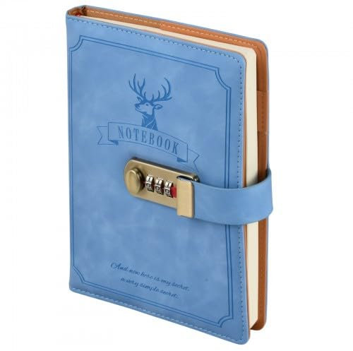 Duronge PU Leather Journal with Lock - 256 Pages Password Notebook for Men & Women, Travel Diary, Note Book with Lock for Organizing, Note Taking & Planning, Office & Personal Use (Blue)