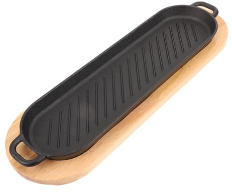 MAGICLULU Plaque à Steak En Fonte Double Poignée, Format Long 38 Cm, Fonte Robuste Avec Plateau En Bois Naturel, Chauffe Uniforme, Cuisson Grill, Pour Repas En Famille Et Barbecue Convivial