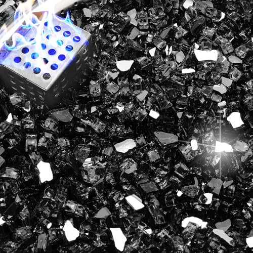 NUPICK 20 Pound Fire Glass, 1/4 Inch Reflective Fire Pit Glass, Tempered Firepit Glass Rock for Propane or Natural Gas, Glass Rocks for Fire Pit Table, Fireplace Glass for Landscaping, Black
