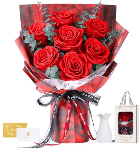 7 Roses Bouquet with Vase, Forever Bouquet Flowers, Eternal Preserved Real Rose, Gifts for Woman Wife Girlfriend, Gifts for her on Birthday, Anniversary, Valentine's Day, Mother's Day, Christmas（Red)