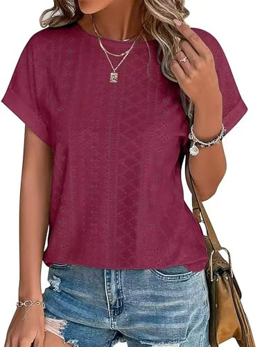 Awemeal T-Shirt Damen Kurzarm Rundhals Elegant Lochstickerei Oberteil Bluse Sommer Casual Blusenshirt Top Einfarbig Tee Shirts Tunika (XXL, Weinrot)