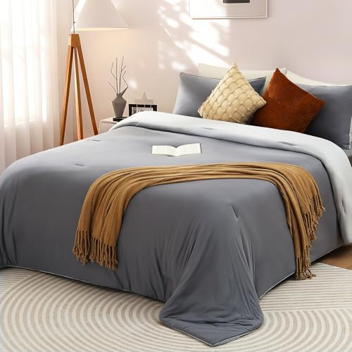 Elegear Queen Comforter Set Gray, PCM Temperature Regulating Ultra-Soft Bedding Set, 3Pcs Upgraded Micro Fleece Lightweight Comforter Set All Season, 1 Cover Free Comforter 90x90, 2 Pillowcase 20x26