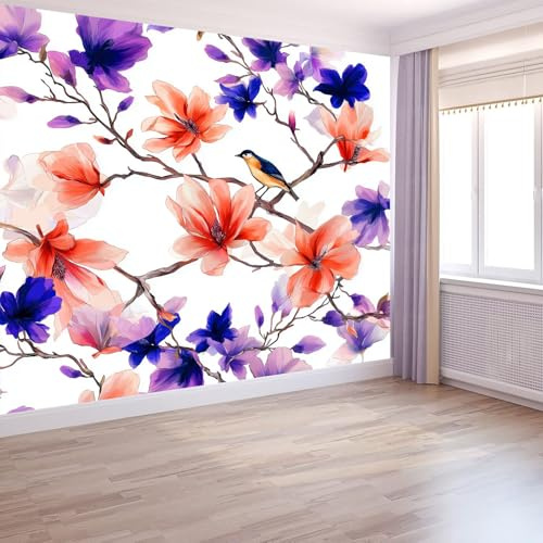 3D Carta da parati panoramica Acquerello Fiori E Uccelli Murale da parete artistico in tessuto non tessuto 250 x 175 cm decorazioni da parete per bambini soggiorno, Crema