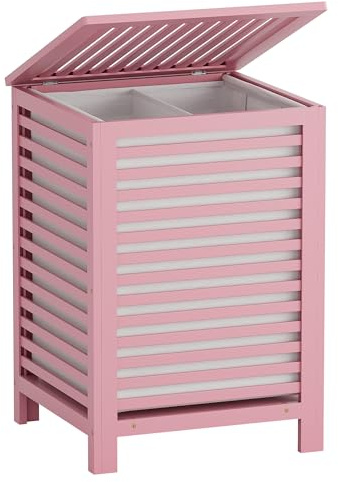 SMIBUY Double Laundry Hamper with Lid, 120L Bamboo Laundry Basket with Removable Liner Bag, 2-Section Clothes Divider Laundry Sorter for Laundry Room, Bathroom, Bedroom (Pink)