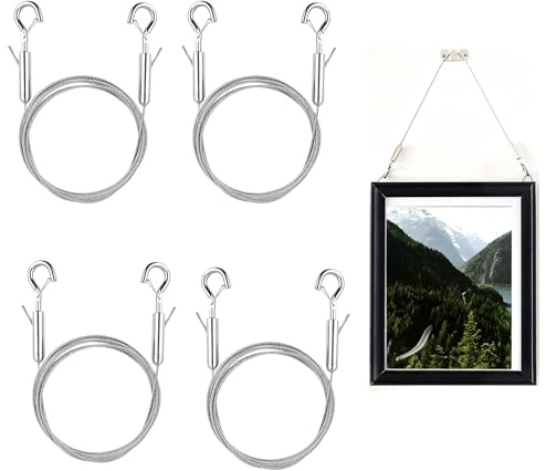 COZERI 4PCS Picture Hanging Cord Wire – Adjustable Heavy-Duty Mirror Hanging Kit with Auto Lock, Stainless Steel Rope Picture Rail Hooks and Wire for Frames/Canvases/Decor