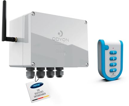 ODYON PRO Power-Set 4, Langstrecken-Funkschalter, 1000m drahtlose Reichweite, 230 V, 2000 W Schaltleistung, bidirektionaler Funk mit Empfangskontrolle, 4-Kanal Handsender + wetterfester Wand-Empfänger