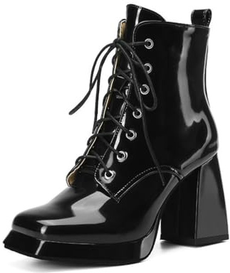 KUHAOFEU Botines Mujer De Ancho Tacon con Cordones Botas De Punta Cuadrada De Media Caña Mujer,Negro,40 EU