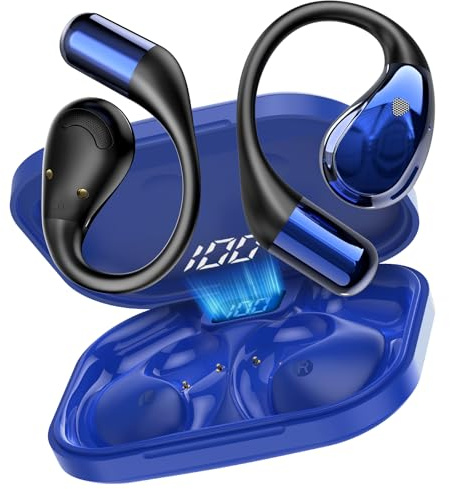 Conyat Open Ear Bluetooth Headphones, HiFi Stereo, 40 Hours Battery Life, LED Display, IPX7 Waterproof Earbuds for Sports, Blue