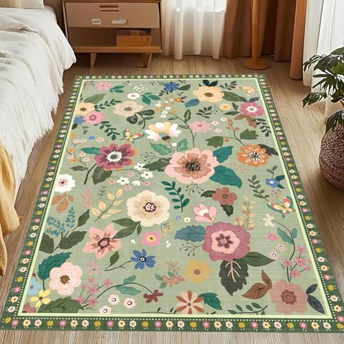 Generisch Teppich Quadratisch,Modernes Blumenmuster für Mädchenzimmer, Mehrfarbig, grün, 160 x 160 cm, Kurzflor Waschbarer Teppiche Wohnzimmer Schlafzimmer Esszimmer Küche Dekoration