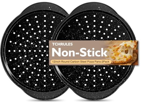 tchrules 2 Pack Pizza Pan 12 Inch with Holes&Handle, Non-Stick Carbon Steel Pizza Tray for Oven, Rust-Proof, Dishwasher-Safe, for Cooking, Baking, and Grilling (2, 12inch)