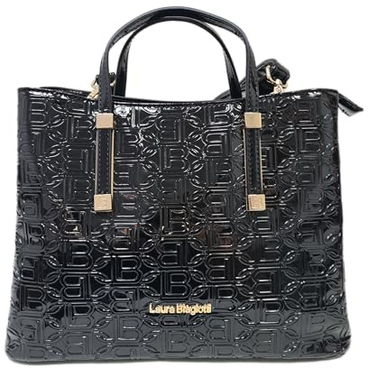 Laura Biagiotti Borsa Donna Linea Arcade, Pelle Sintetica Verniciata, Stampa LB, Manici Doppi e Tracolla Rimovibile, Dimensioni 30x12x22 cm, Accessori Oro ART.LB25W-250-1